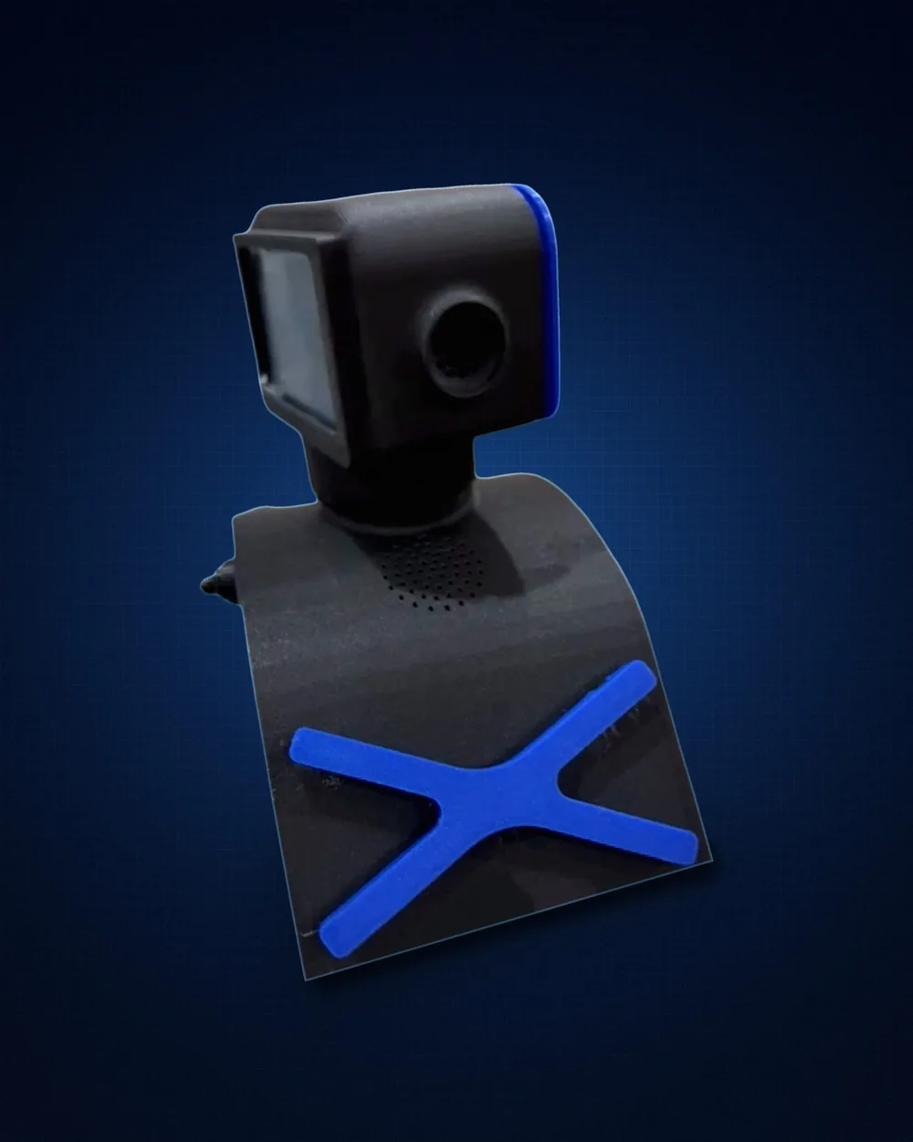 Front of V1 showing the camera port, the speaker grille and the large blue X